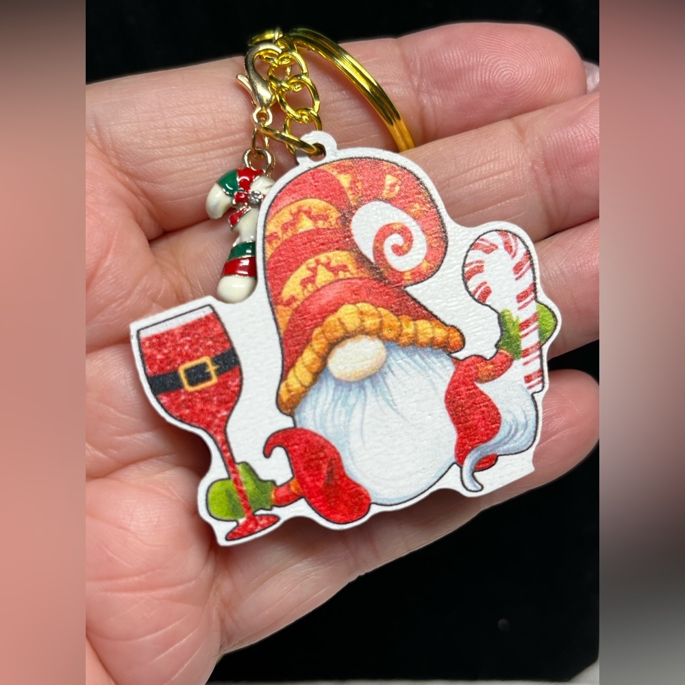 CHRISTMAS WINE TIME gnome, zipper pull or purse bling-RED AND GREE/gold